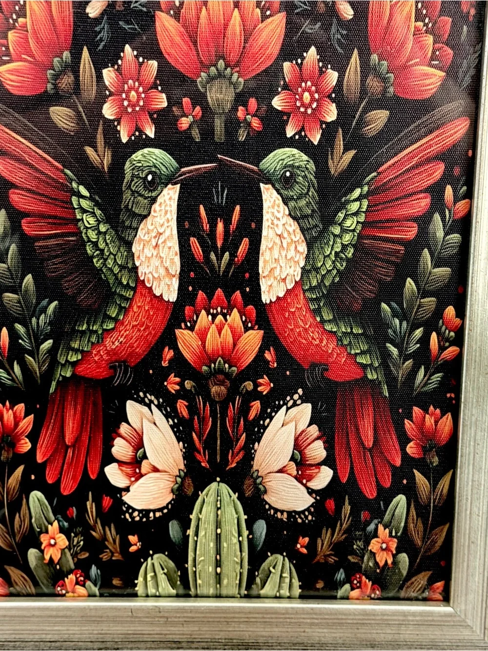 Hummingbird Floral Cactus Colorful Canvas Art Print Silver Framed Wall Hanging